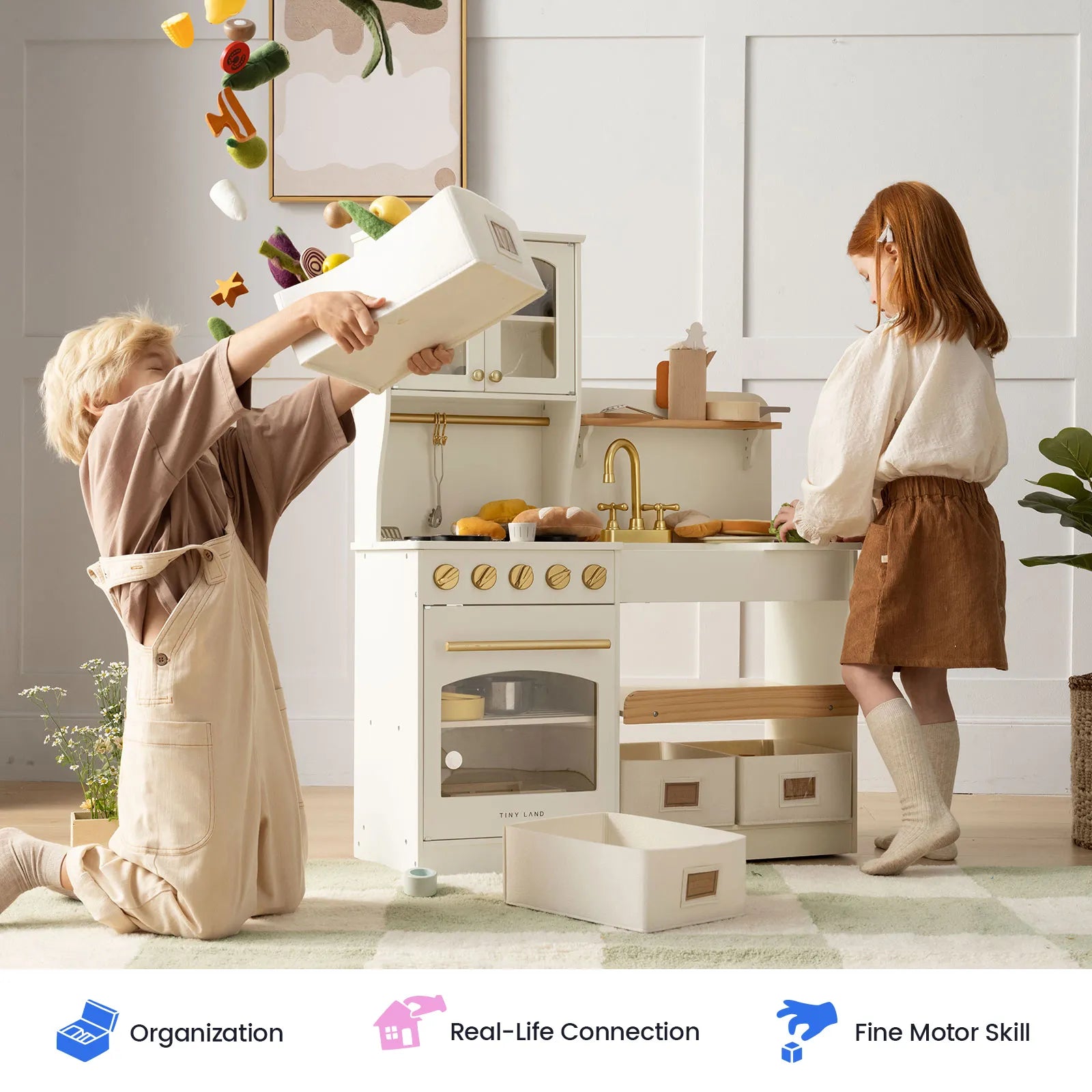 Tiny Land wooden play kitchen showing the imitation faucet and countertop