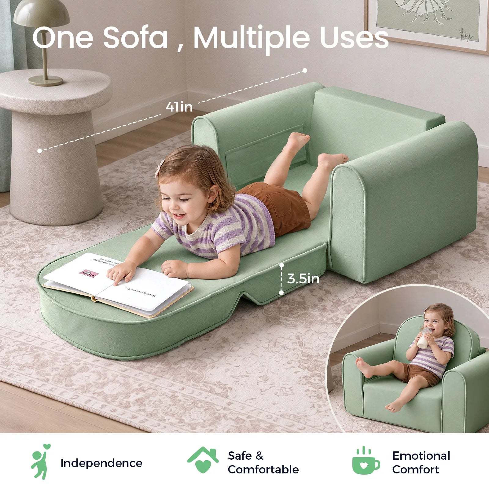 Tiny Land GentleSnug Kids Sofa Chair unfolded into a lounger for kids