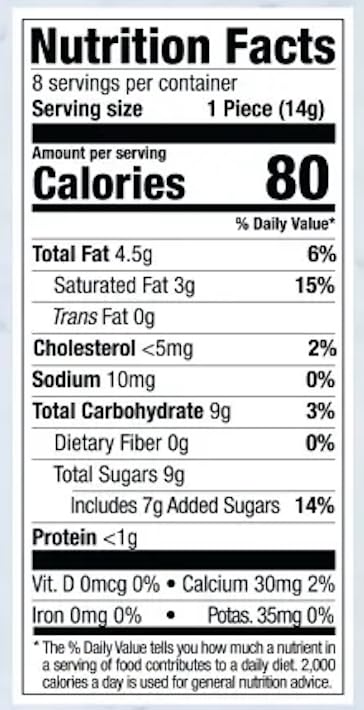 Nutrition facts label for a food product with serving size, calories, and nutritional content details.