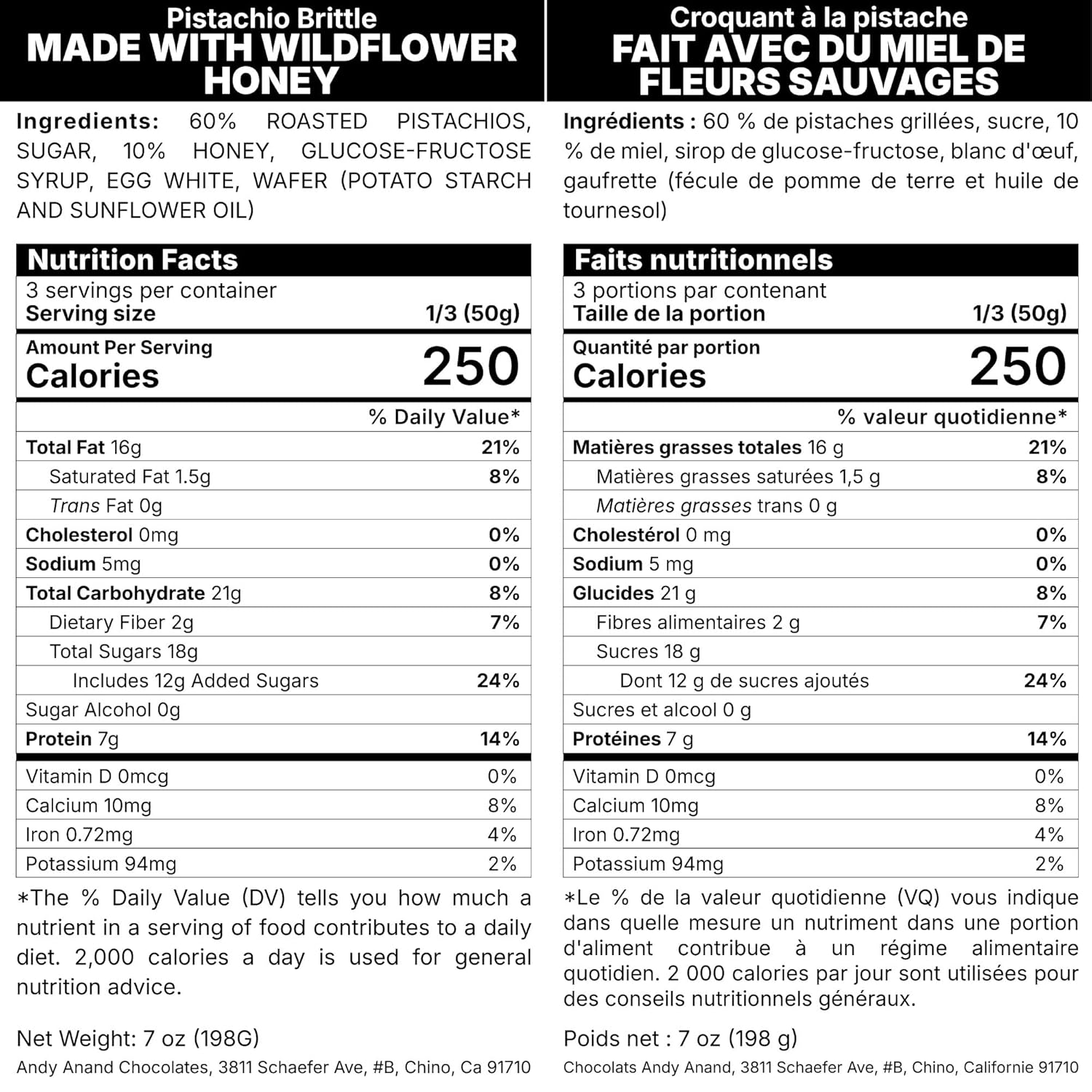 Nutritional labels for Pistachio Brittle with Wildflower Honey in English and French.