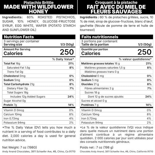 Nutritional labels for Pistachio Brittle with Wildflower Honey in English and French.