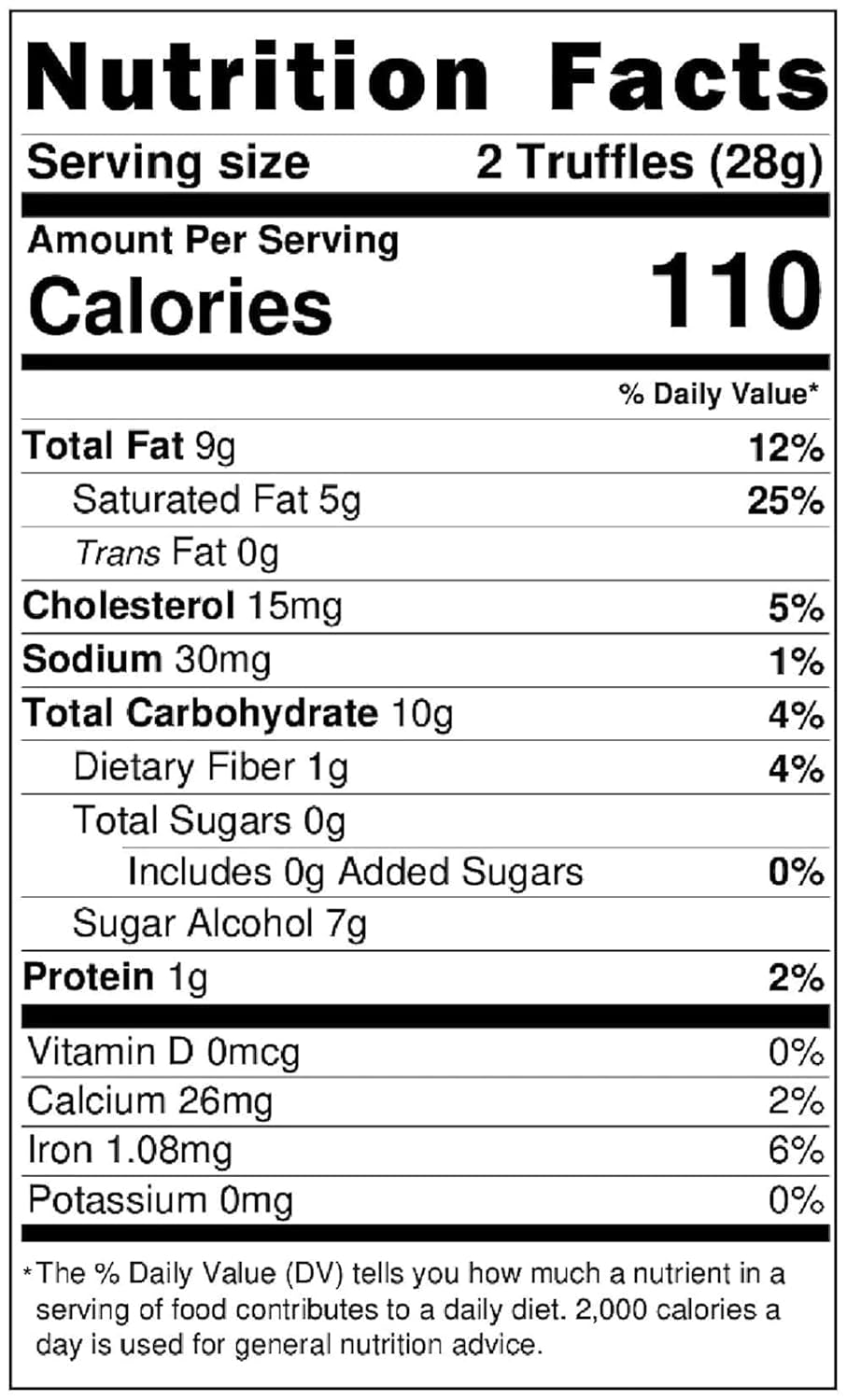 Nutrition facts label for truffles with serving size, calories, and detailed nutritional information.