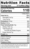 Nutrition facts label for truffles with serving size, calories, and detailed nutritional information.