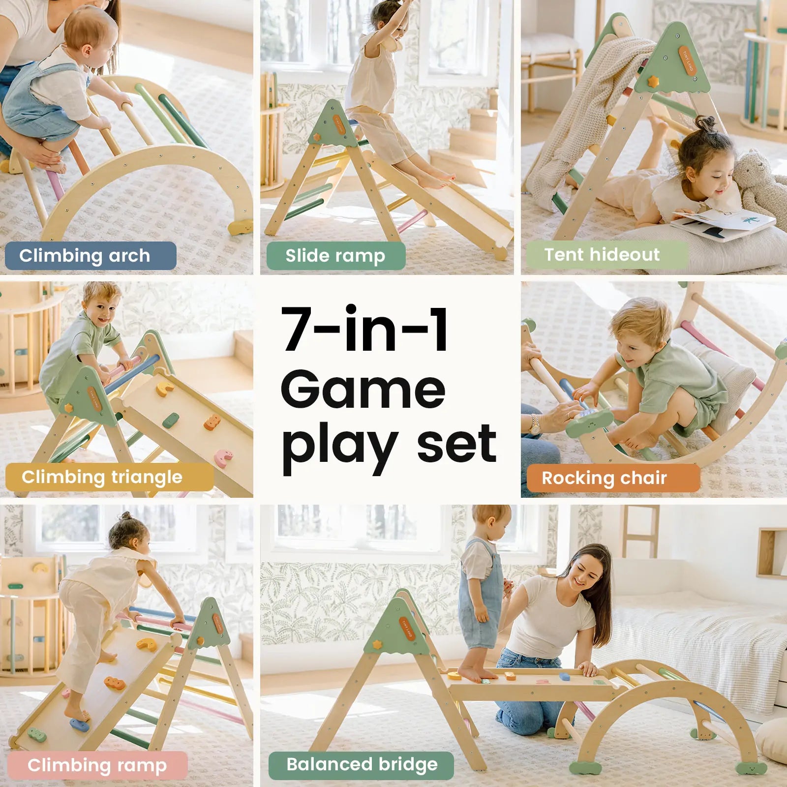 Tiny Land Pikler Triangle Set showing foldable design and child-safe solid wood construction