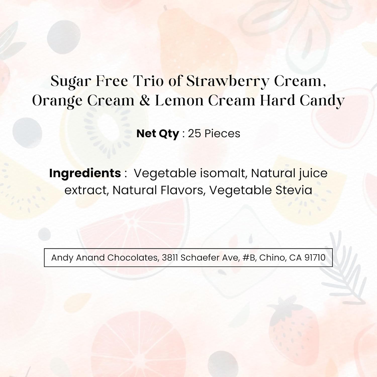 Product label for sugar-free hard candy trio with ingredients and contact information.
