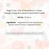 Product label for sugar-free hard candy trio with ingredients and contact information.