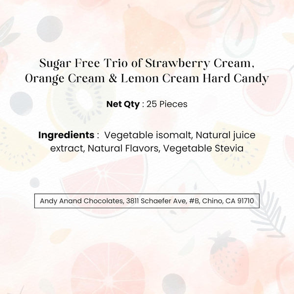Product label for sugar-free hard candy trio with ingredients and contact information.