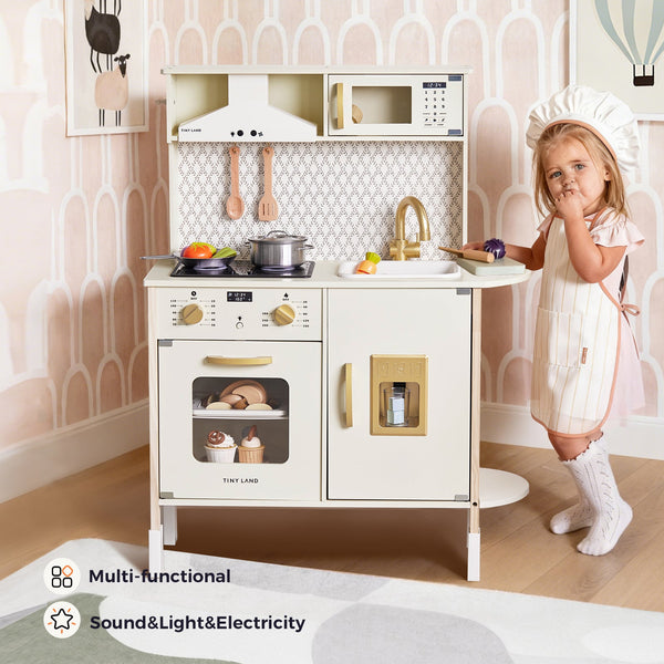 Tiny Land PopJoy Play Kitchen shown with its stove, oven and sink details
