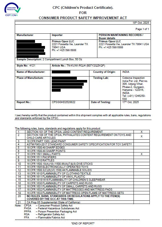 CPC (Children's Product Certificate) for Consumer Product Safety Improvement Act, with various fields filled out.