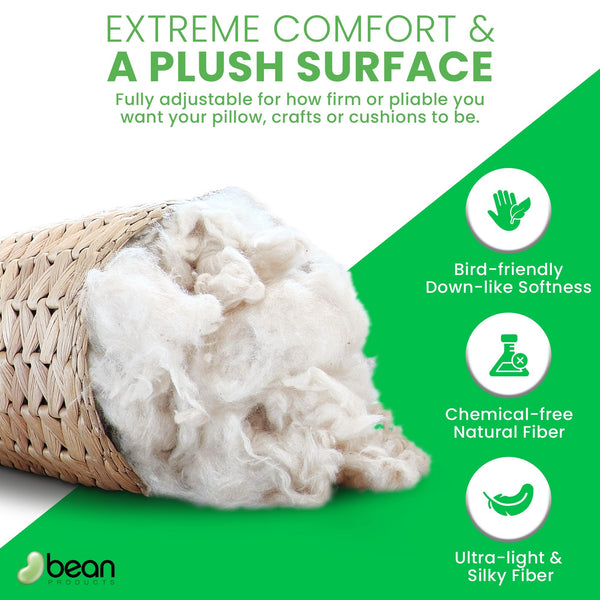 Wool pillow core with promotional text about comfort and features on a green and white background.