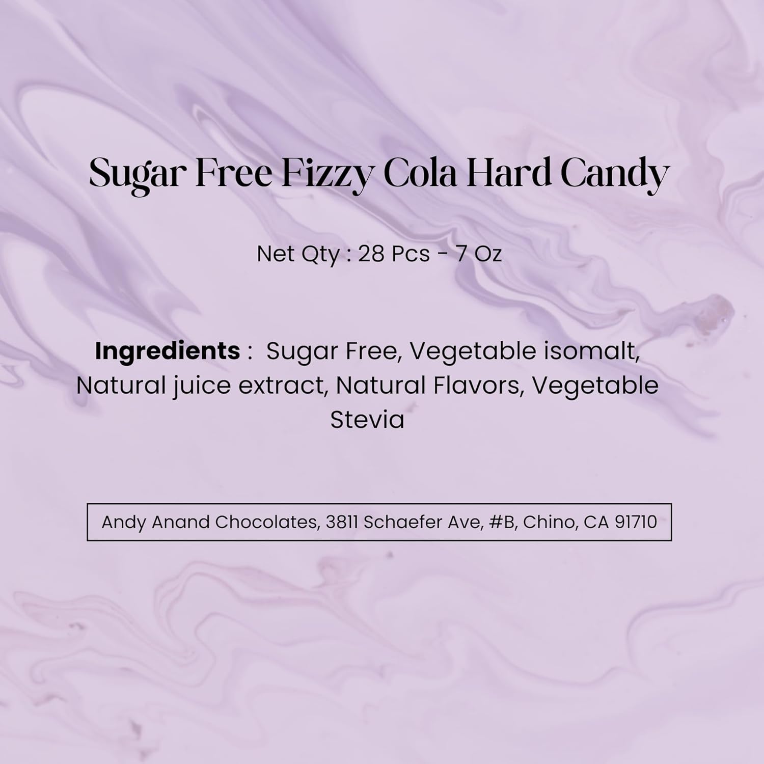 Product label for Sugar Free Fizzy Cola Hard Candy with ingredients and contact information on a purple background.