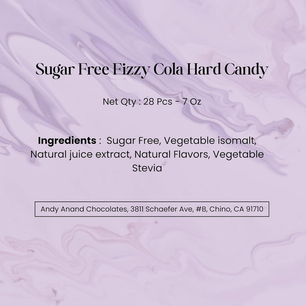 Product label for Sugar Free Fizzy Cola Hard Candy with ingredients and contact information on a purple background.