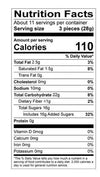 Nutrition facts label for a food product with serving size, calories, and nutritional content.