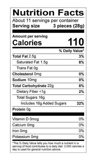 Nutrition facts label for a food product with serving size, calories, and nutritional content.