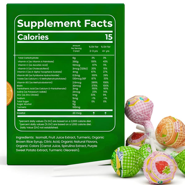 Supplement facts label on a green background with colorful supplement capsules. Discover Andy Anand Sugar-Free Lollipops—the 100% natural, cavity-fighting treat for kids and adults. Vegan, Gluten-Free, and Dye-Free, these keto-friendly pops are made with Isomalt to protect smiles. The perfect healthy gift or classroom treat!