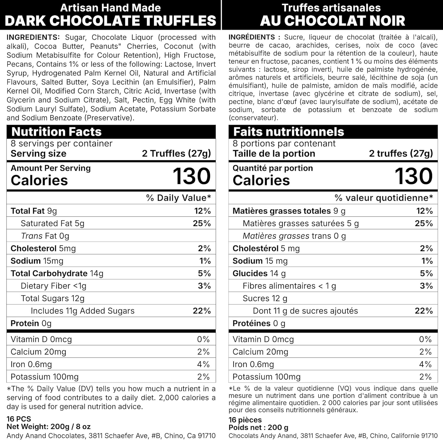 Nutrition facts label for dark chocolate truffles with English and French text.