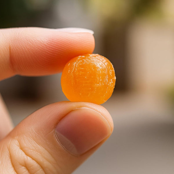 Individually wrapped sugar-free sour orange hard candies by Andy Anand spread out on a surface
