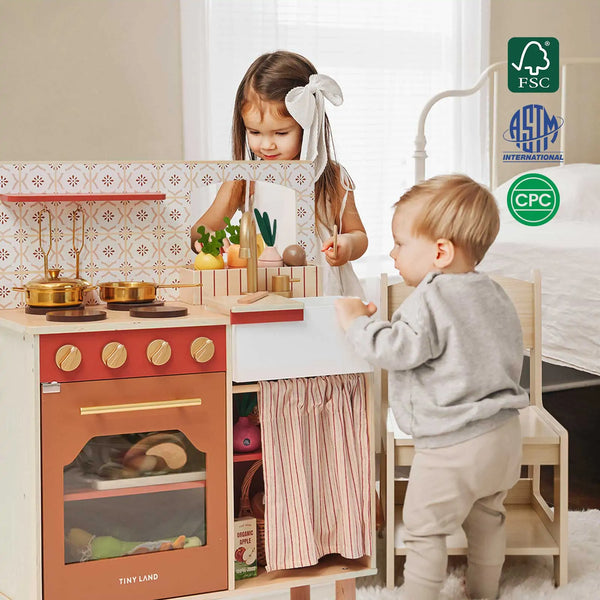Tiny Land Honey wooden play kitchenette with pretend cooking accessories