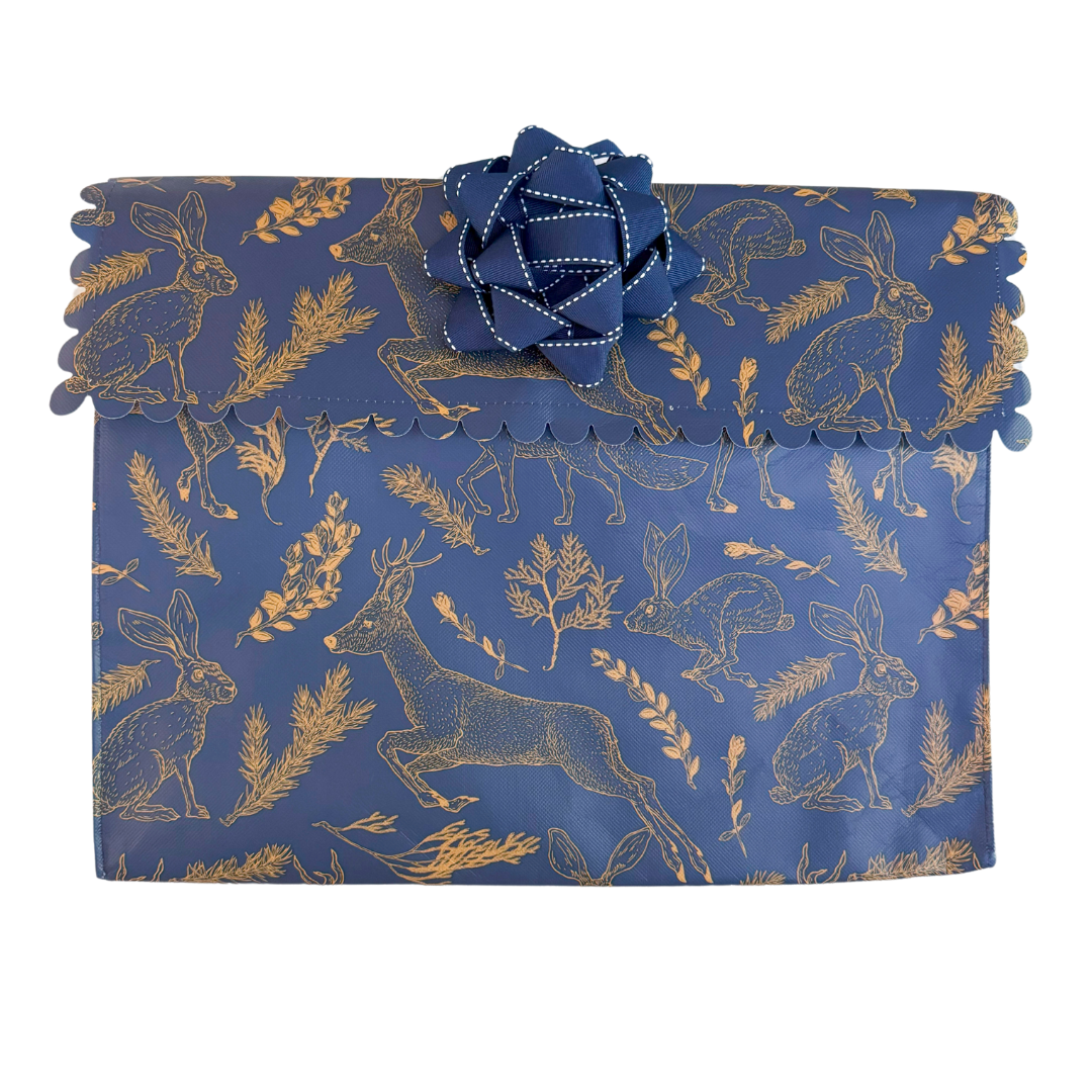 Navy reusable gift bow styled on an EverWrap EverBag for sustainable gift wrapping