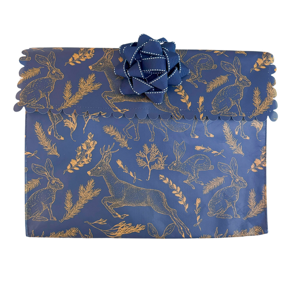Navy reusable gift bow styled on an EverWrap EverBag for sustainable gift wrapping