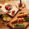 Close-up of Tiny Land wooden play food set featuring avocado, lemon, and peas for pretend play