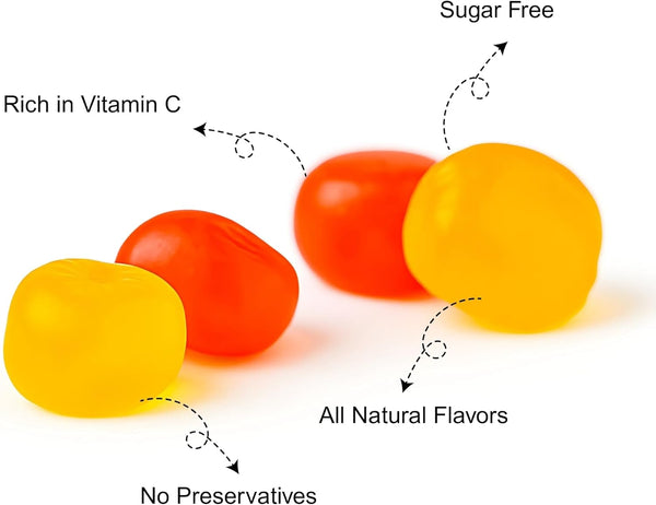 Close-up of Andy Anand fruit-flavored multivitamin gummies in strawberry, mango, pineapple, and peach