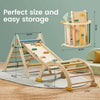 Wooden play structure with measurements and text 'Perfect size and easy storage' on a green background.