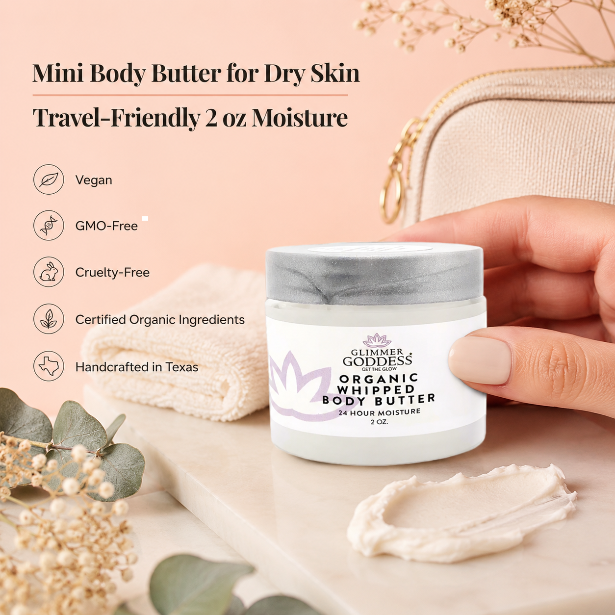 Organic Whipped Body Butter 2 oz – Travel Size for Dry Skin