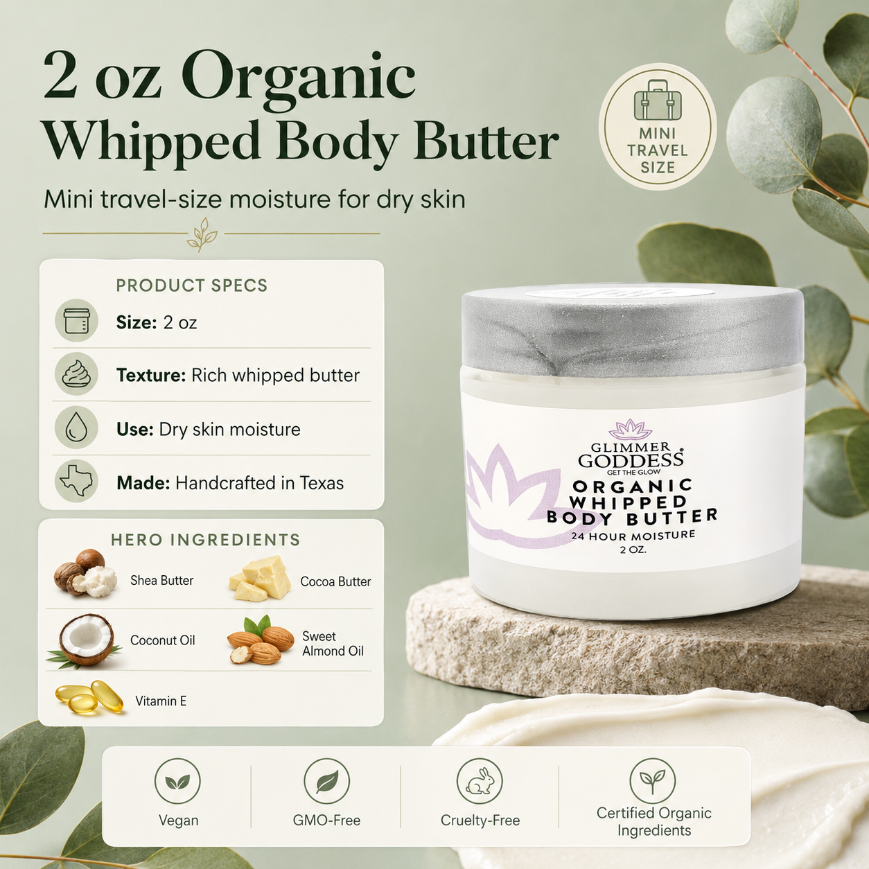 Organic Whipped Body Butter 2 oz – Travel Size for Dry Skin