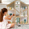Tiny Land Sweetwood Evergreen dollhouse showing its three stories and furnished rooms