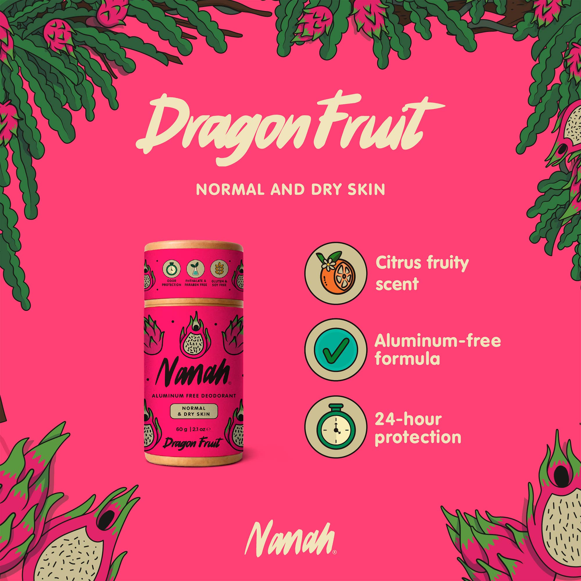 Product packaging with dragon fruit illustration on a pink background. Natural Pitahaya Deodorant — Aluminum-Free Solid Deodorant with Magnesium & Dragon Fruit | 24-Hour Protection, Plastic-Free & Handmade