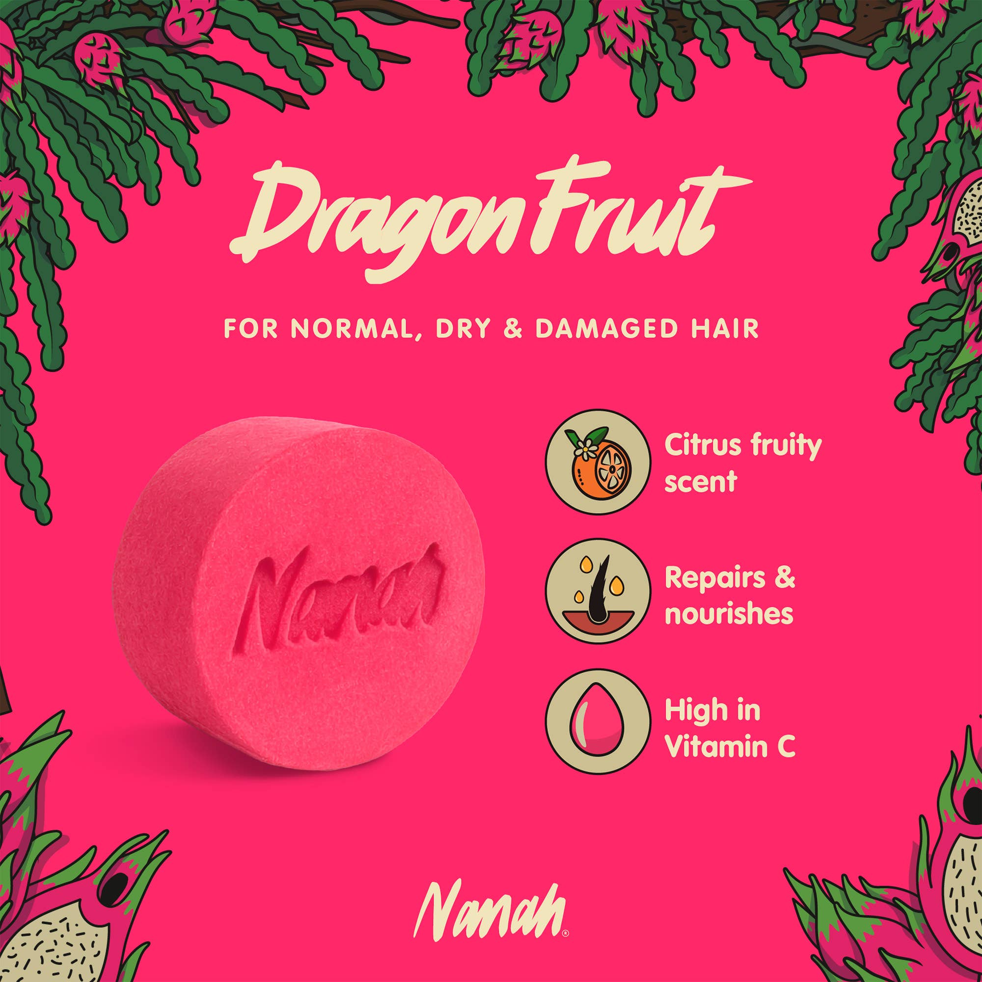 Pink soap bar with 'Nanah' branding on a pink background with dragon fruit illustrations.
