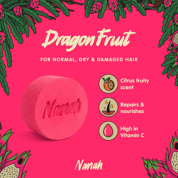 Pink soap bar with 'Nanah' branding on a pink background with dragon fruit illustrations.