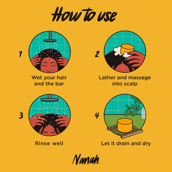 Instructions on how to use a shampoo bar with illustrations and text on a yellow background.
