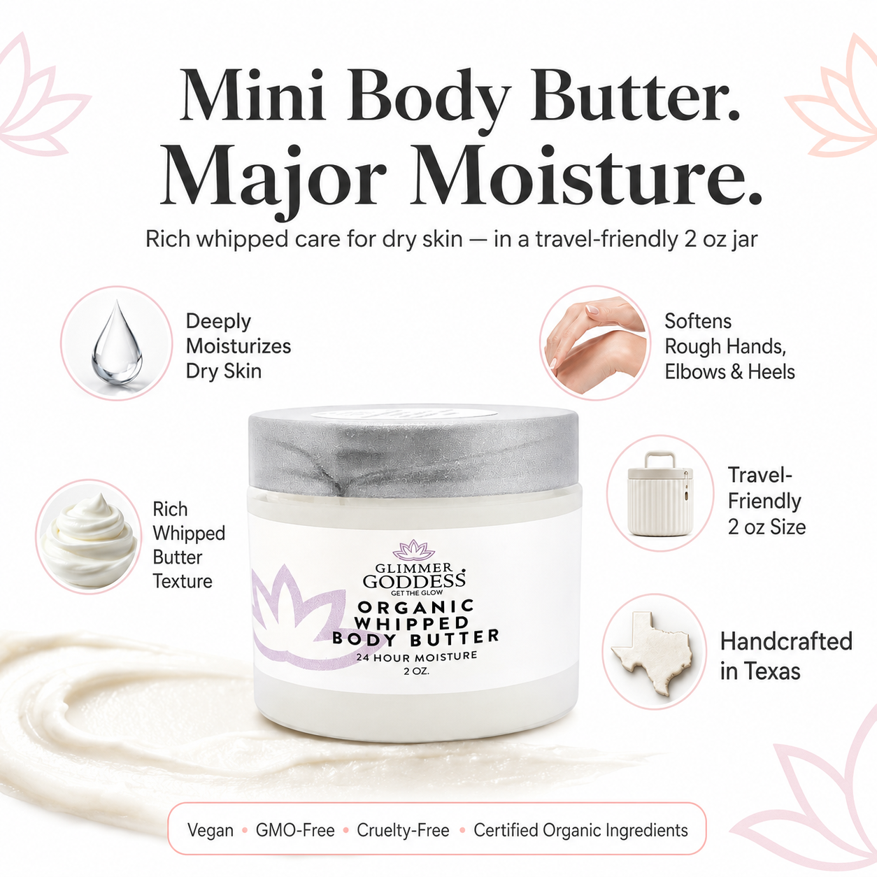 Organic Whipped Body Butter 2 oz – Travel Size for Dry Skin
