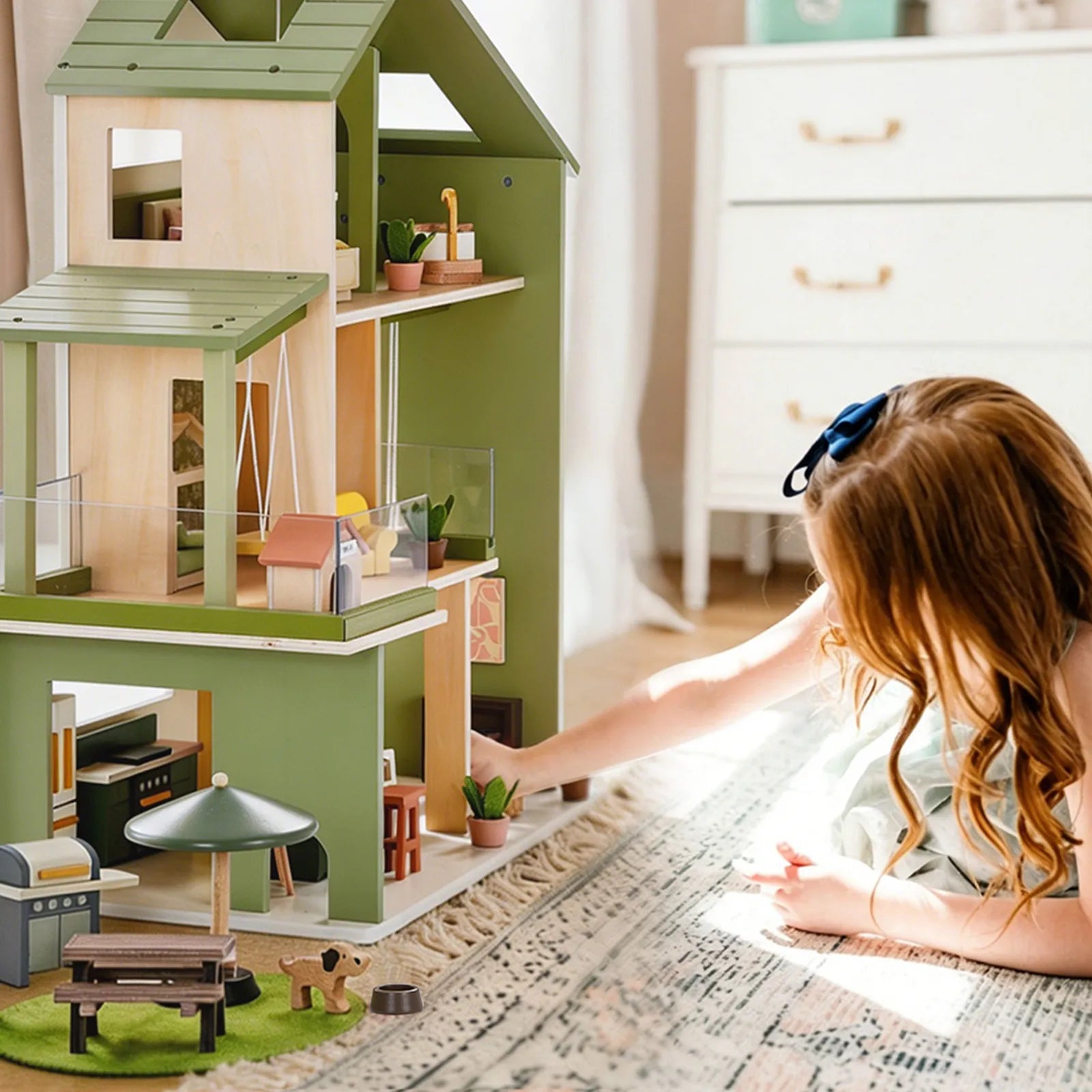 Tiny Land Sweetwood Edge three-storey wooden dollhouse in Evergreen and Blush tones