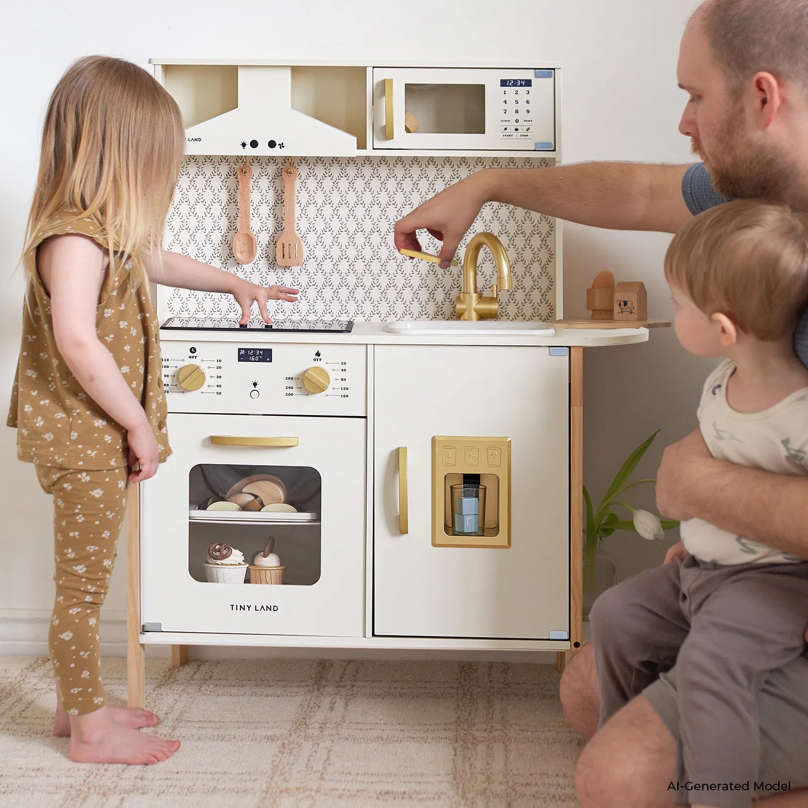 A toddler play kitchen set in a home setting, featuring a white and gold toy stove, oven, sink, and microwave with a patterned backsplash. A young girl in a brown patterned pajama set stands next to it, while a man and a baby watch from the right side of the frame.