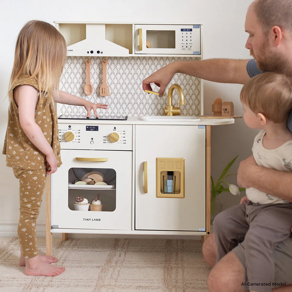 A toddler play kitchen set in a home setting, featuring a white and gold toy stove, oven, sink, and microwave with a patterned backsplash. A young girl in a brown patterned pajama set stands next to it, while a man and a baby watch from the right side of the frame.