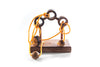 3 Posts wooden disentanglement puzzle with strings and posts on a desk