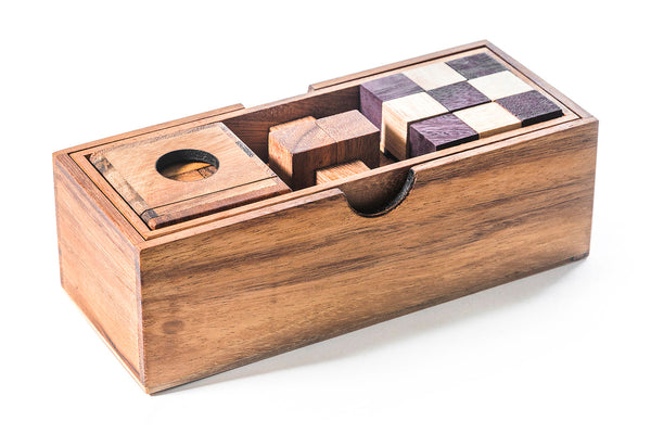 Wooden puzzle box with geometric shapes on a white background
