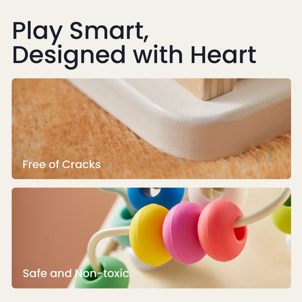 Colorful toy beads on a wooden surface with text 'Play Smart, Designed with Heart' and 'Free of Cracks' and 'Safe and Non-toxic'.