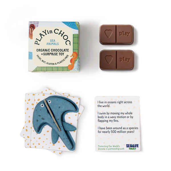 Play'n Choc organic chocolate and surprise toy packaging with a dolphin-shaped toy and educational card.