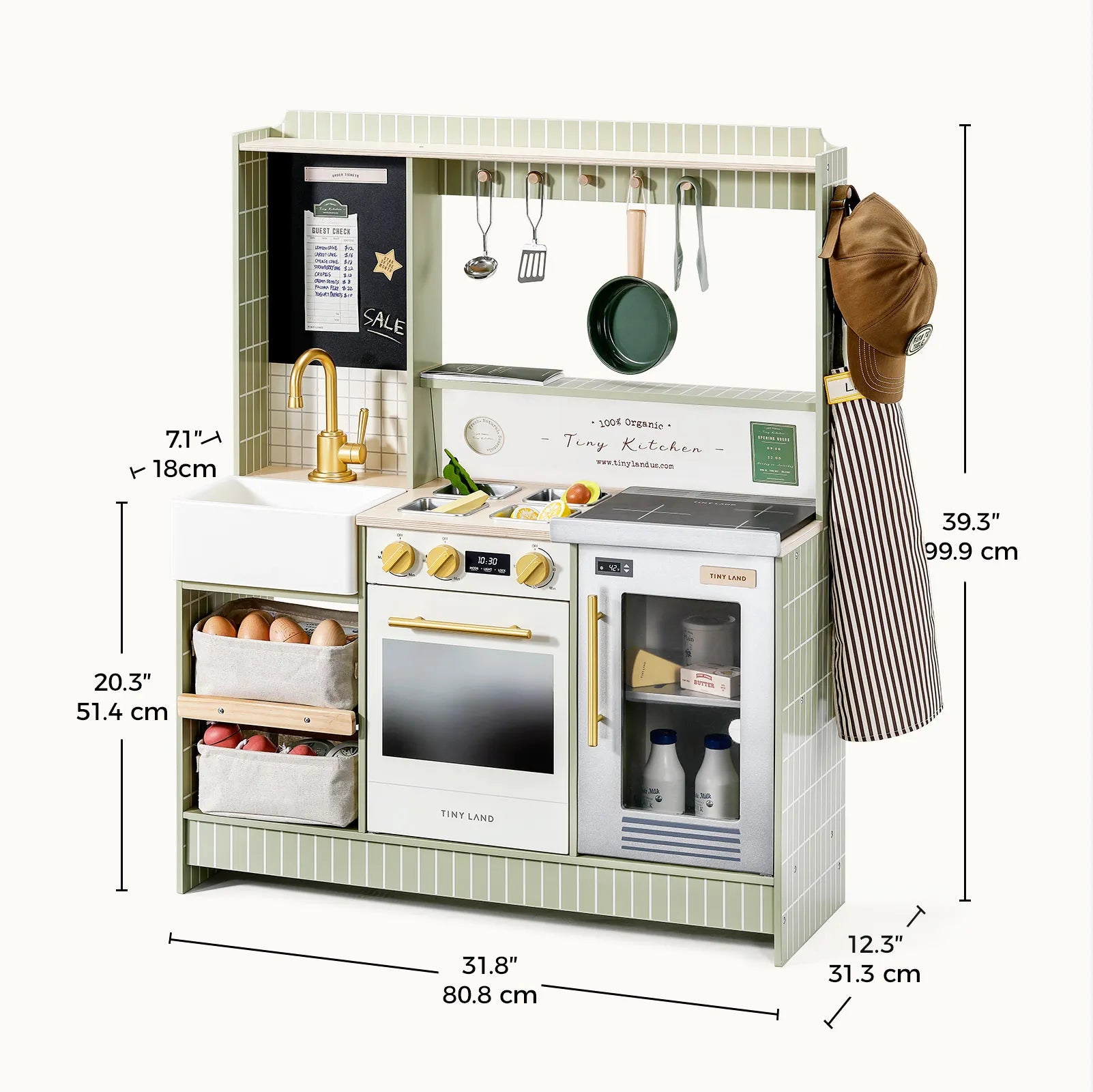 Children's play kitchen set with measurements on a white background