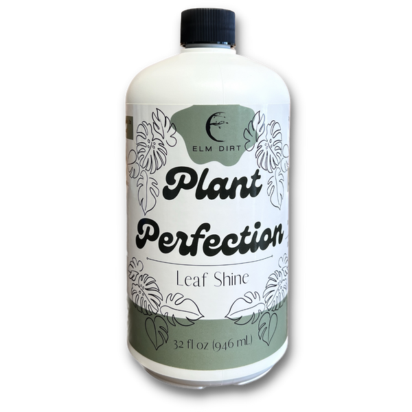 Bottle of 'Plant Perfection' leaf shine with a white label on a white background