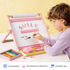 Tiny Land kids tabletop easel showing the magnetic whiteboard and chalkboard sides