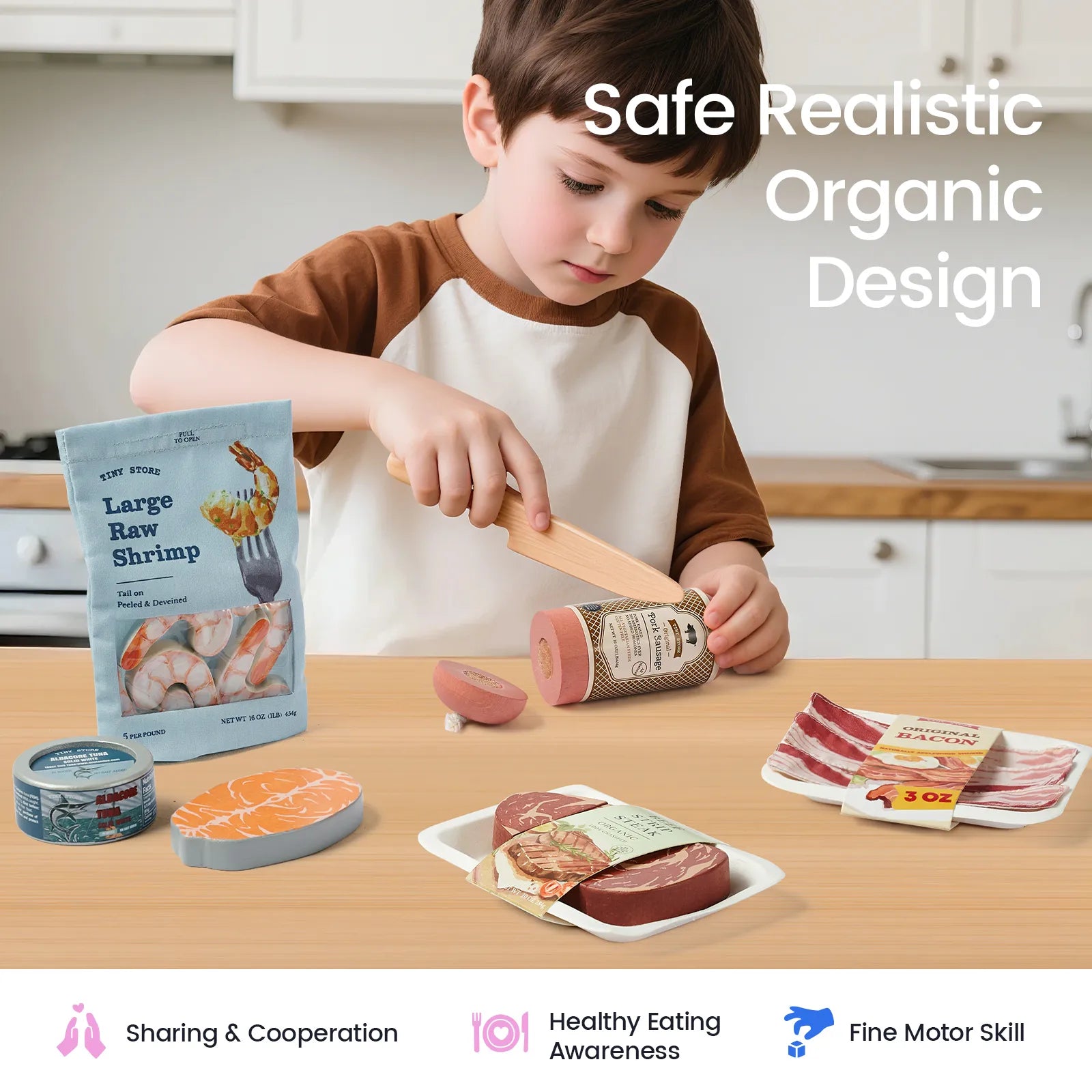 Organic Wooden Meat & Seafood Play Food Set for Kids