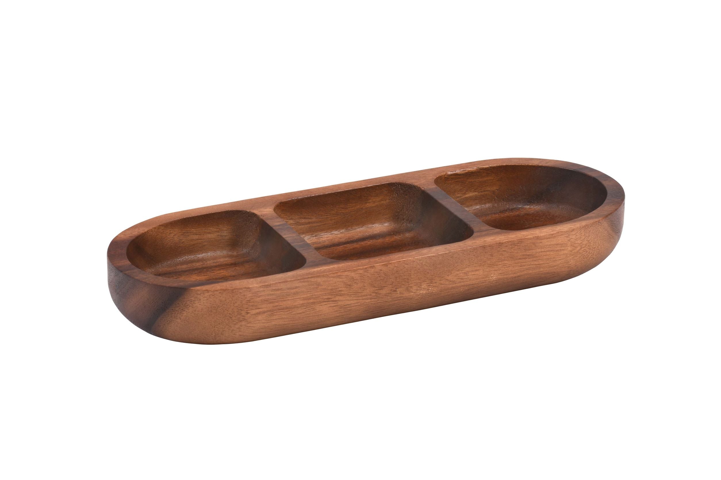 Wooden tray with three compartments on a white background