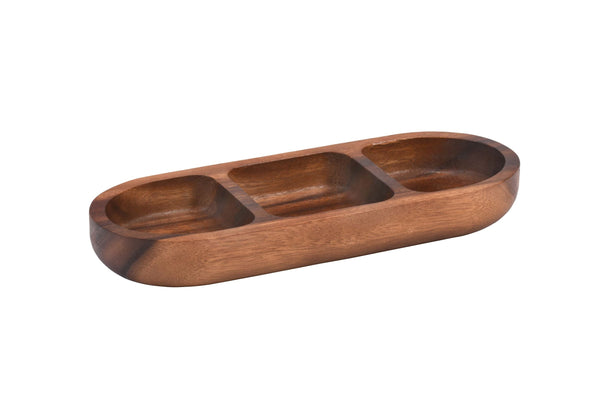 Wooden tray with three compartments on a white background