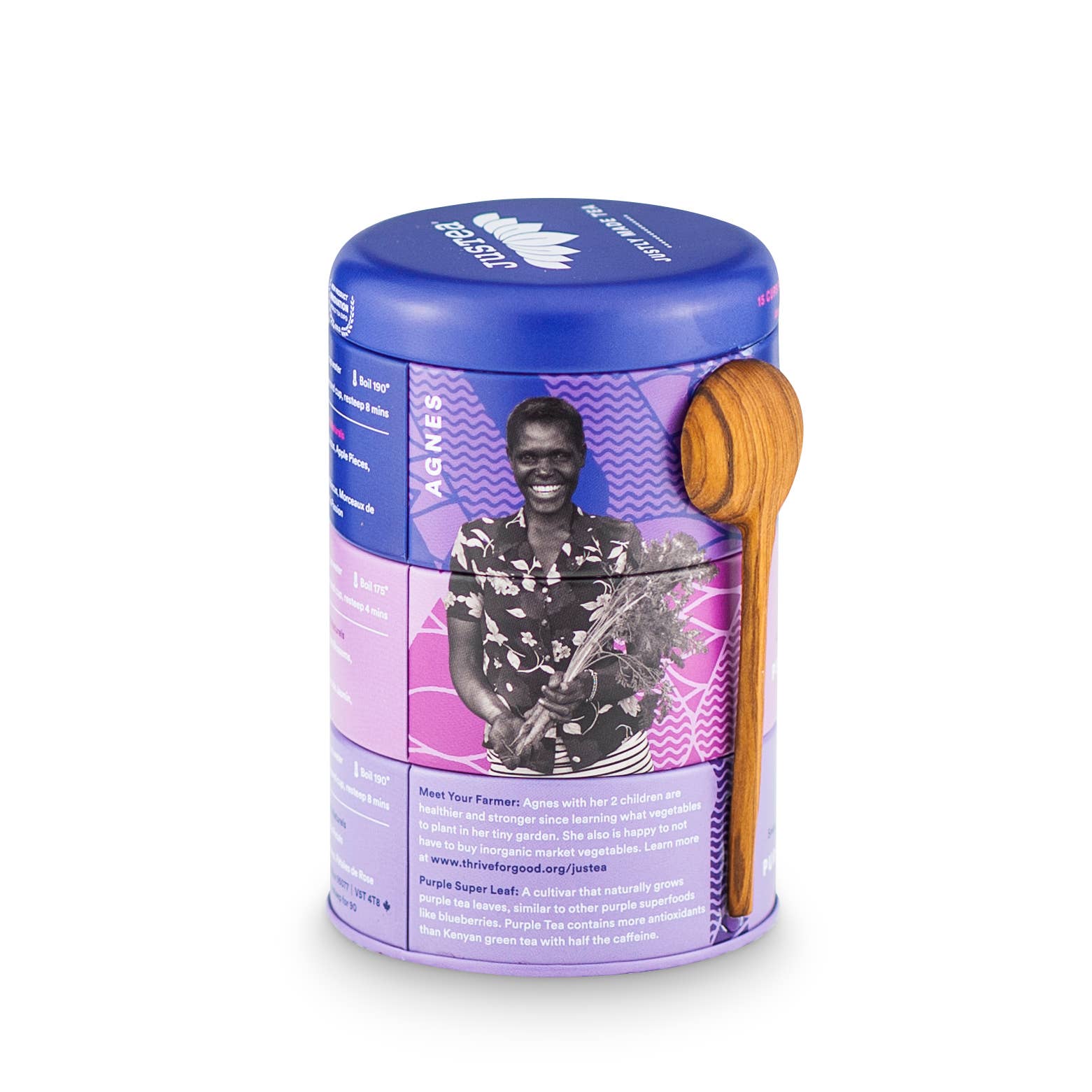 Tea canister with a purple label featuring an image of a person and text, on a white background.