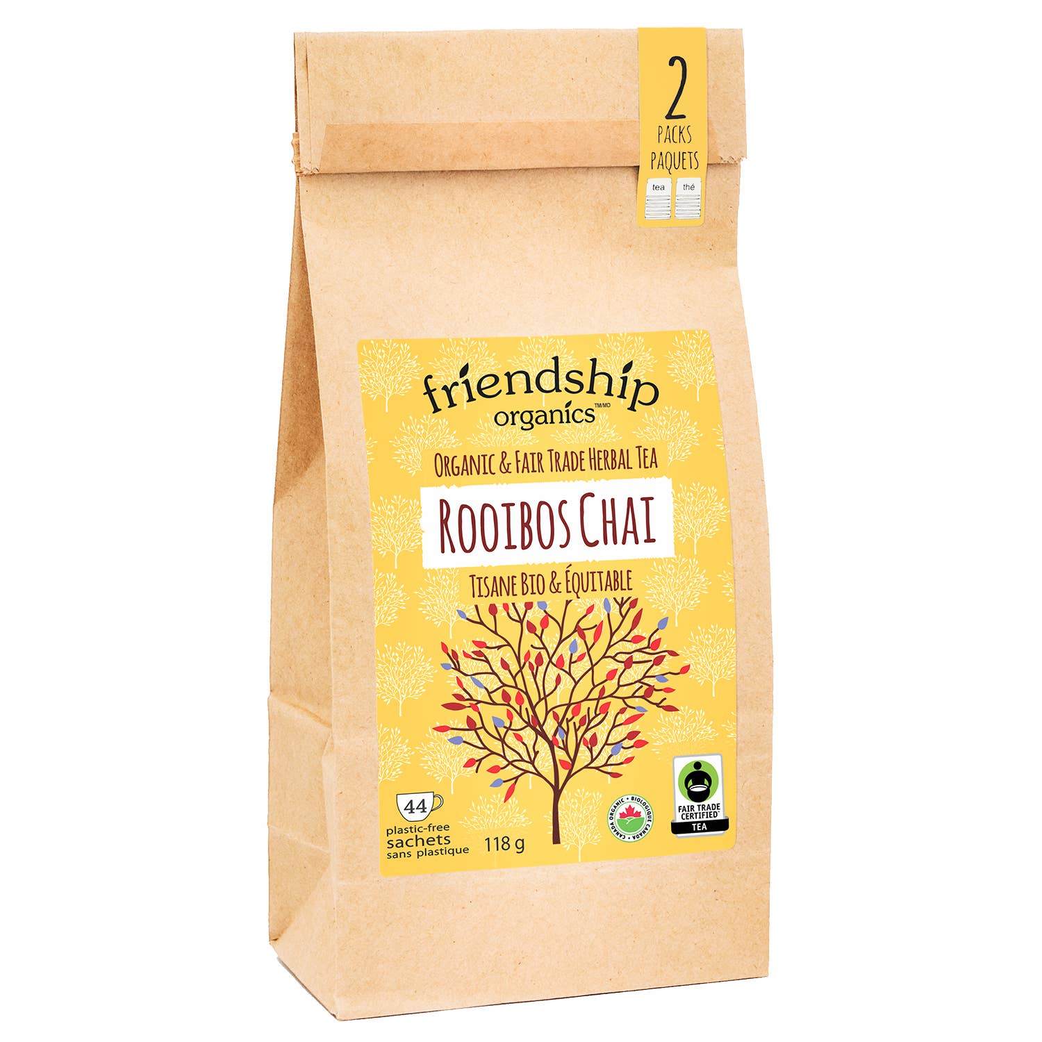 Bag of friendship organics Rooibos Chai tea on a white background